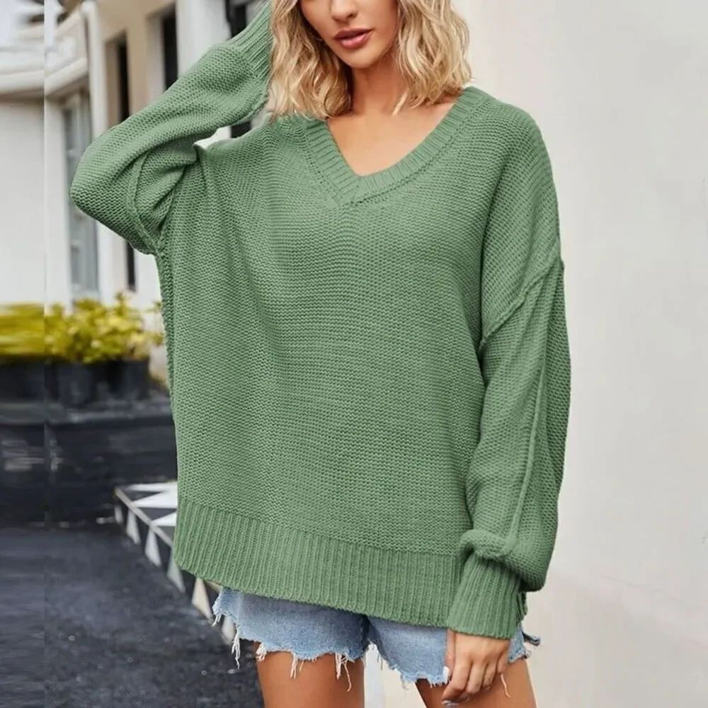 NWOT Free People Alli V-Neck Oversized Slouchy Pullover Chunky Knit Sweater XS